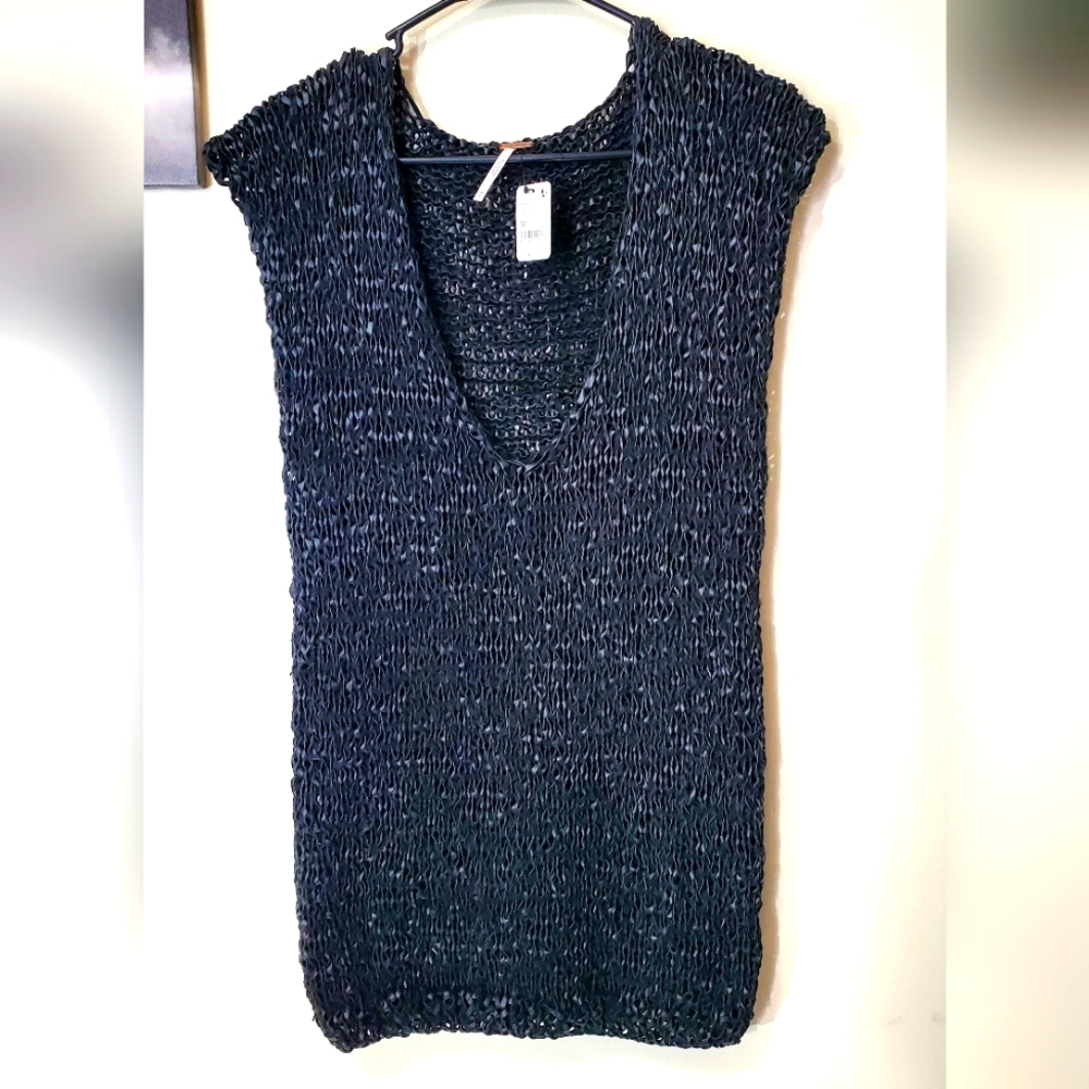 MINI DRESS -Free People Billie Vegan Leather Crochet Tunic/Mini Dress black xs